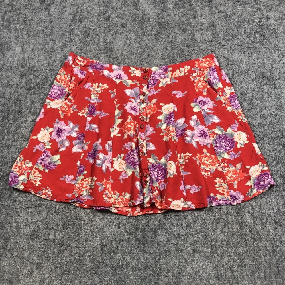 Kimchi Blue Skirt Womens M Red Floral Pleated Button Front Mini Pockets Boho